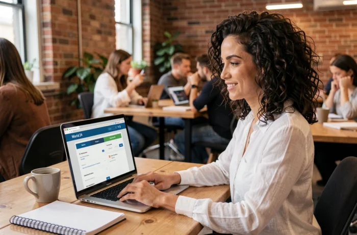 Femme professionnelle comparant des offres d'hébergement web World 24 sur son ordinateur portable dans un espace de coworking