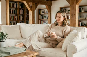 Femme détendue dans un salon cosy avec mug en céramique sur un canapé crème, décoration intérieure chaleureuse et naturelle
