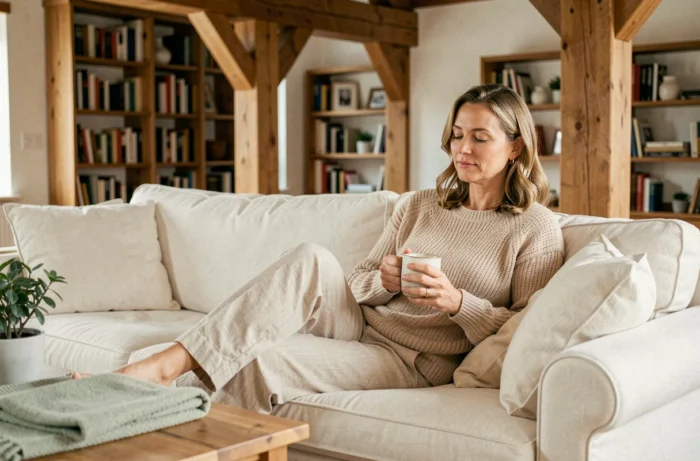 Femme détendue dans un salon cosy avec mug en céramique sur un canapé crème, décoration intérieure chaleureuse et naturelle