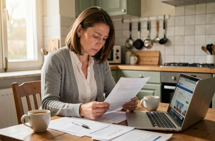 Femme consultant des documents de régularisation CAF sur une table en bois dans une cuisine d'appartement