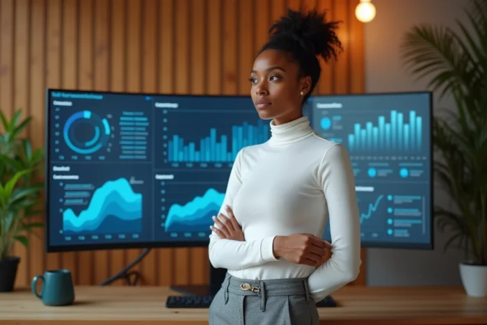 Une femme professionnelle devant un grand écran incurvé affichant des interfaces d'intelligence artificielle dans un bureau moderne