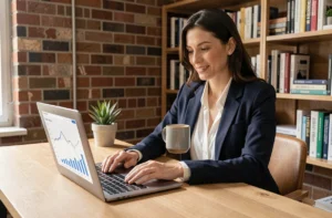 Femme entrepreneure analysant des données de business en ligne sur un ordinateur portable dans un bureau moderne à domicile