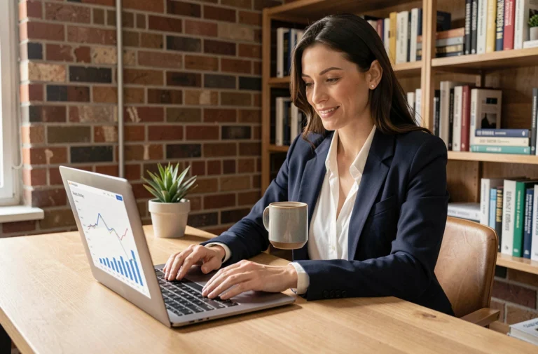 Femme entrepreneure analysant des données de business en ligne sur un ordinateur portable dans un bureau moderne à domicile