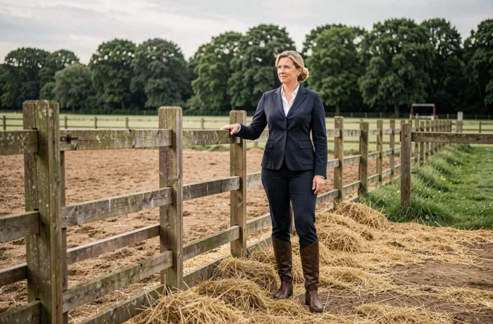 Femme en tenue équestre debout près d'une clôture de haras illustrant l'univers équin d'Equivok
