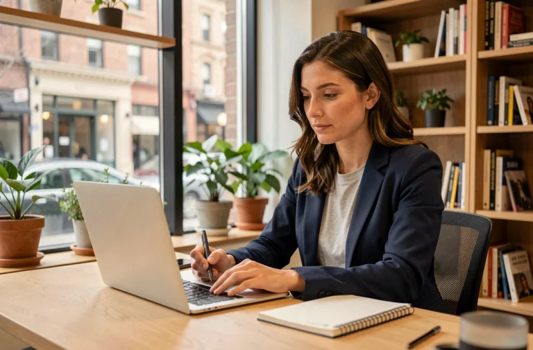 Femme suivant une formation professionnelle en ligne dans un espace de coworking moderne avec ordinateur portable et prise de notes