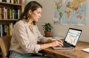 Femme consultant la carte du site d'un agence de voyage sur son ordinateur portable depuis un bureau à domicile