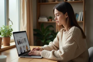 Femme naviguant sur la carte du site Renée Fashion depuis un bureau à domicile sur un ordinateur portable
