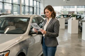 Femme consultant une brochure promotionnelle automobile dans une concession moderne avec des voitures exposées en arrière-plan