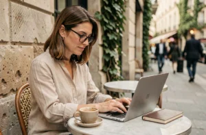 Femme parisienne consultant un blog tendance sur son ordinateur en terrasse de café