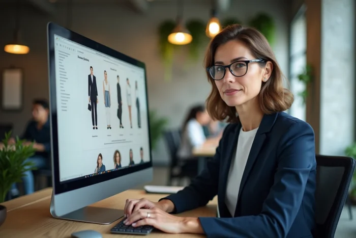 Femme professionnelle explorant la carte du site Renée Fashion sur ordinateur de bureau dans un espace de coworking
