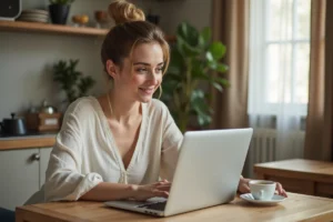 Femme consultant une promo voyage de dernière minute sur son ordinateur portable dans une cuisine moderne