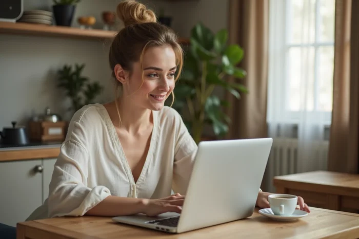 Femme consultant une promo voyage de dernière minute sur son ordinateur portable dans une cuisine moderne