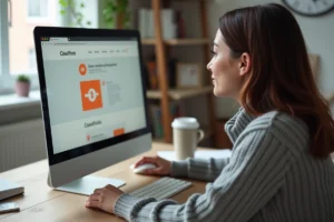 Femme créant un raccourci Le Bon Coin sur son ordinateur de bureau à domicile