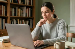 Femme concentrée recherchant des informations fiables sur Internet depuis son bureau à domicile