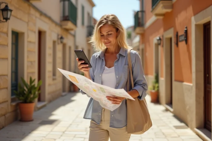 Femme consultant son téléphone pour trouver un Lidl en Corse dans une rue typique d'un village corse