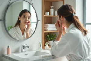Jeune femme examinant sa peau acnéique dans un miroir de salle de bain avec des produits de soins dermatologiques sur le comptoir
