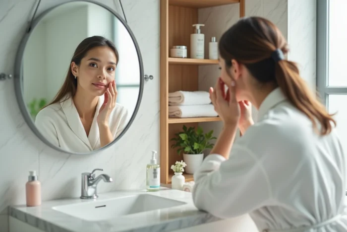Jeune femme examinant sa peau acnéique dans un miroir de salle de bain avec des produits de soins dermatologiques sur le comptoir