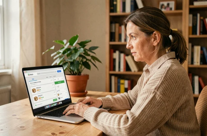 Femme consultant le suivi de colis sur ordinateur portable affichant le statut trié sur la plateforme de départ