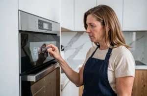 Femme étudiant les symboles du panneau de commande de son four encastré dans une cuisine moderne