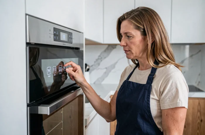 Femme étudiant les symboles du panneau de commande de son four encastré dans une cuisine moderne