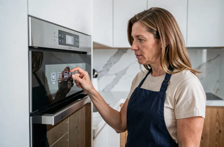 Femme étudiant les symboles du panneau de commande de son four encastré dans une cuisine moderne