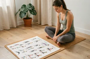 Femme pratiquant le yoga étudiant un tableau de familles de postures de yoga posé sur un tapis en liège dans un studio maison lumineux