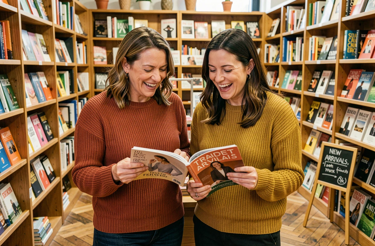 Deux femmes feuilletant un magazine de tendances dans une librairie indépendante parisienne