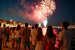 Foule admirant le feu d'artifice du 14 juillet au Vieux-Port de Marseille avec reflets sur l'eau