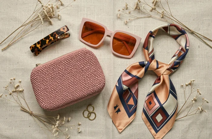 Flat lay d'accessoires tendance de la saison : clip en écaille, sac perlé, lunettes oversize, foulard en soie et bagues en laiton sur lin naturel
