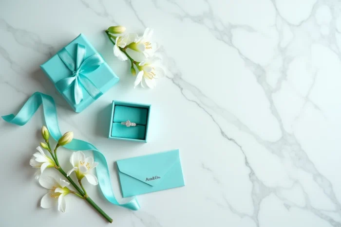 Flat lay élégant d'une bague Tiffany and Co en platine avec coffret et ruban bleu sur marbre blanc
