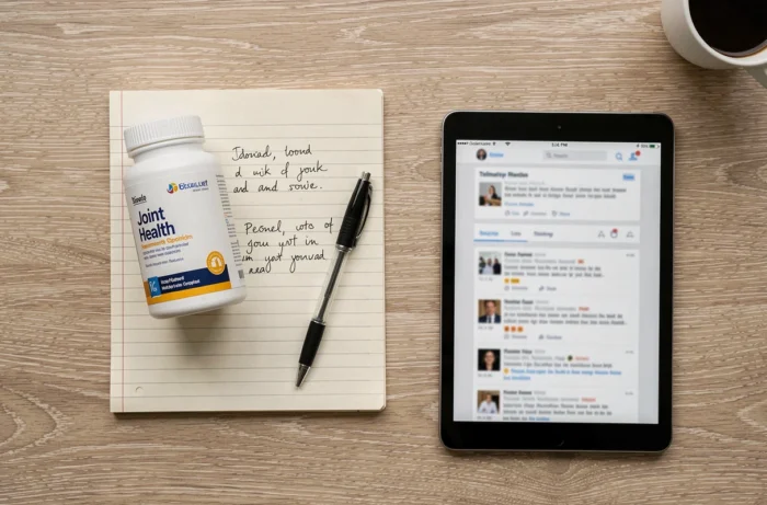 Vue aérienne d'une bouteille de complément articulaire avec notes manuscrites et forum santé sur tablette