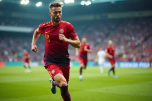 Footballeur professionnel en plein sprint sur un terrain de match, vue dynamique en contre-plongée