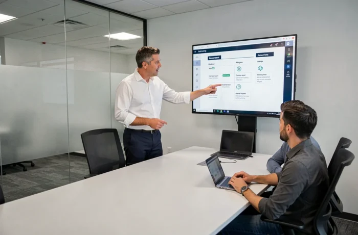 Formateur professionnel animant une session de développement des compétences en salle de formation en entreprise