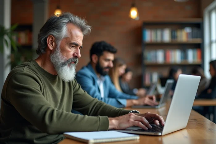 Homme adulte suivant une formation en ligne sur ordinateur dans un espace de coworking pour booster sa carrière