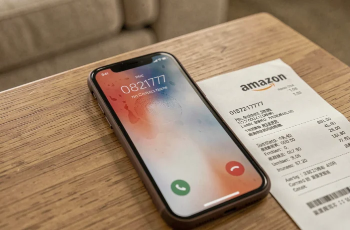 Gros plan d'un smartphone affichant un appel entrant du numéro 0187217777 posé à côté d'un bon de commande Amazon sur une table en bois