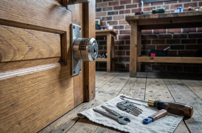 Gros plan sur un cylindre de serrure professionnelle et des outils de serrurier posés sur une porte en chêne