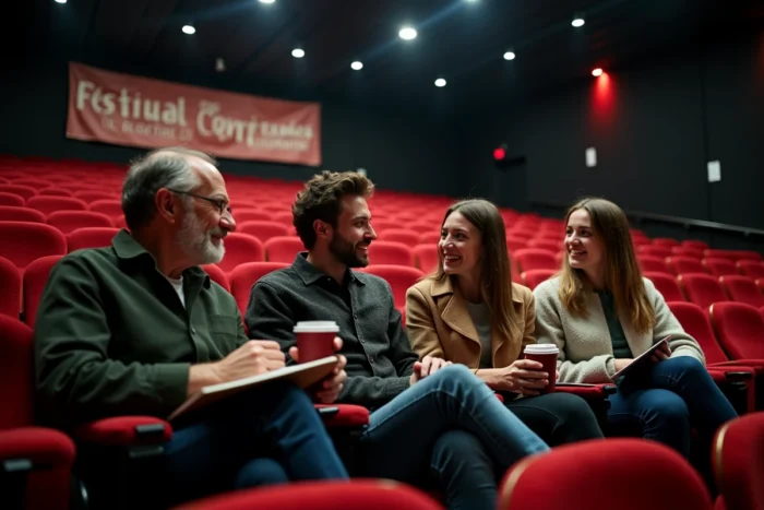 Groupe de jeunes cinéastes discutant d'un court métrage lors d'un festival de cinéma dans une salle de projection aux fauteuils rouges