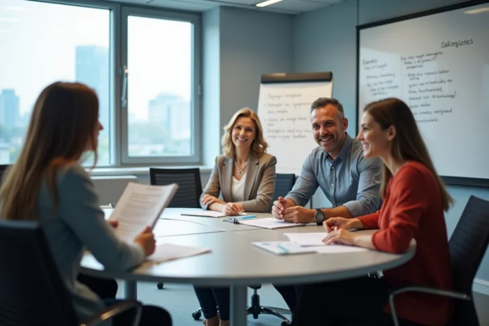 Groupe d'adultes en session de formation professionnelle dans une salle de réunion moderne pour développer leurs compétences