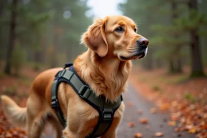 Golden retriever portant un harnais ajusté en forêt en automne, vue en contre-plongée mettant en valeur les sangles et boucles du harnais