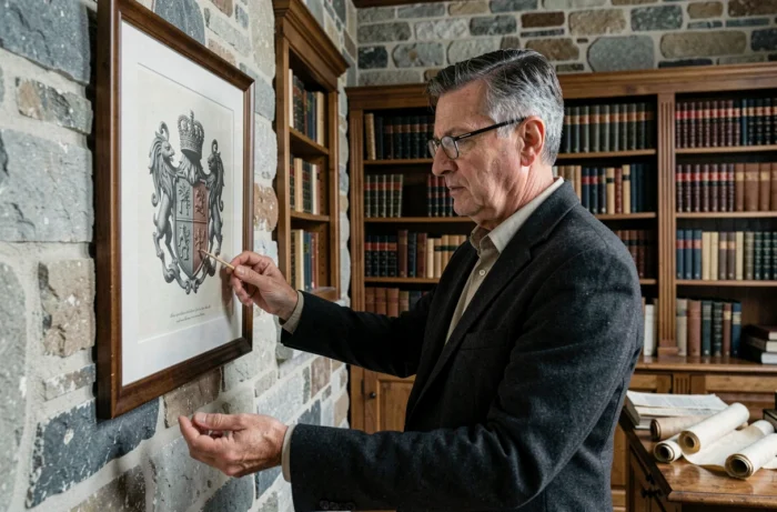 Historien examinant une reproduction encadrée du blason de Lille dans une salle d'archives patrimoniale