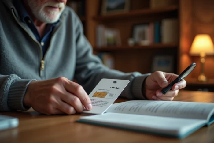 Un homme âgé lit les instructions d'une carte SIM à la loupe à côté de son téléphone Doro ouvert