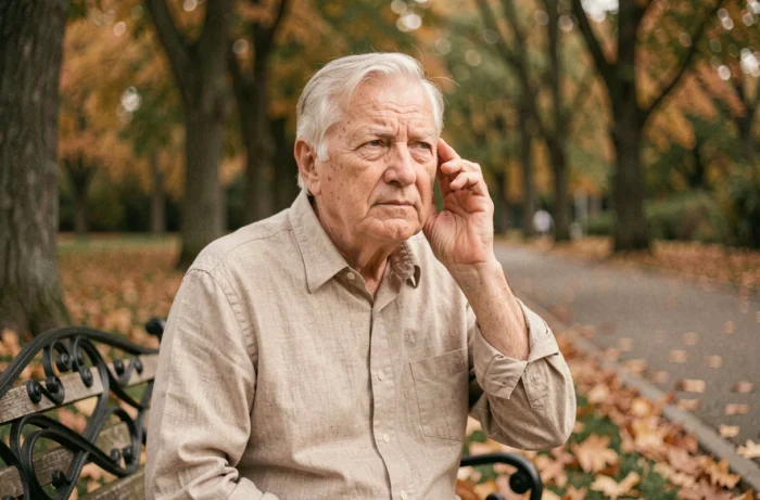 Homme âgé dans un parc en automne tentant d'entendre, illustrant les risques auditifs et les dangers liés à l'utilisation d'appareils auditifs non adaptés