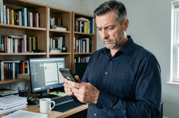 Homme dans un bureau à domicile regardant avec méfiance un numéro inconnu sur son smartphone, possible arnaque téléphonique liée à Amazon