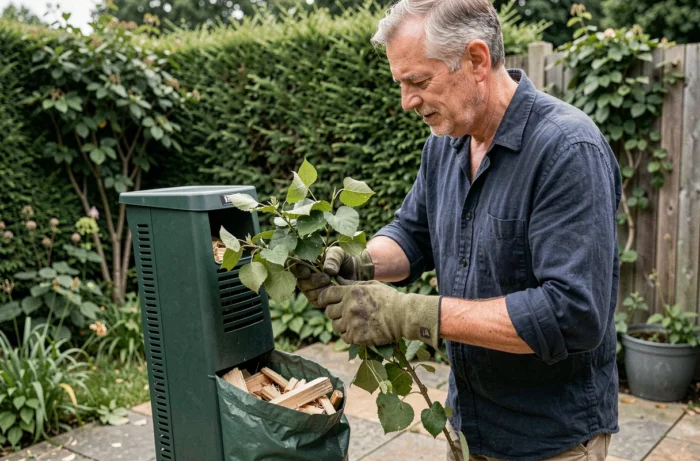 Homme utilisant un broyeur de végétaux électrique dans son jardin pour réduire des branches en copeaux de bois