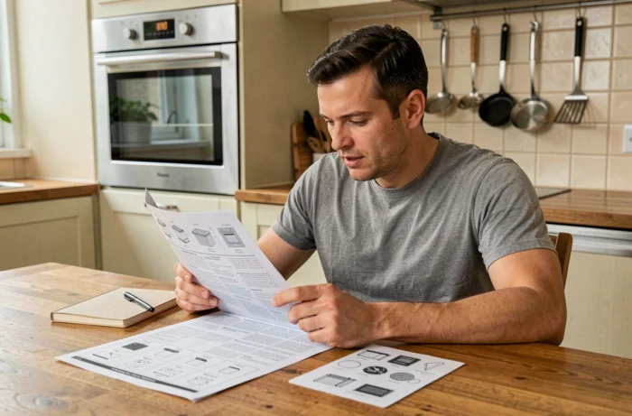 Homme consultant le manuel du four et une fiche de référence des symboles de cuisson posés sur une table en bois