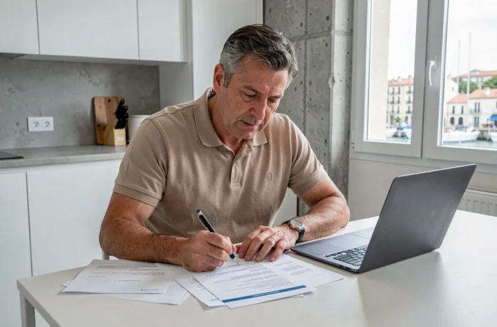 Homme examinant un contrat immobilier et des documents de prêt dans un appartement moderne avec vue sur le port de Marseille