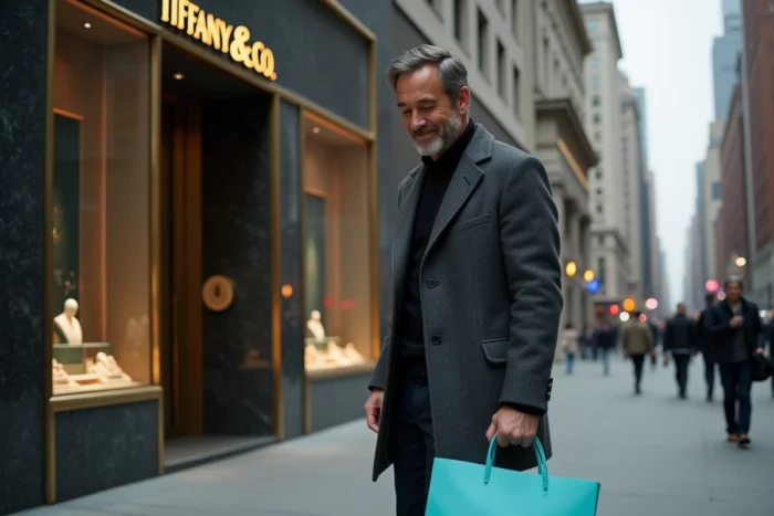 Homme élégant devant la devanture emblématique de la boutique Tiffany and Co en ville