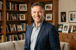 Portrait d'un homme élégant souriant dans un salon chaleureux avec des étagères de livres en arrière-plan