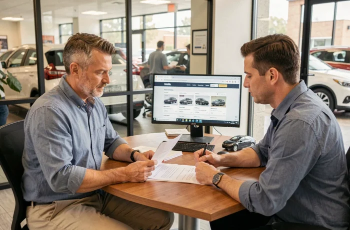 Homme discutant d'une offre de financement automobile avec un conseiller commercial dans un bureau de concession