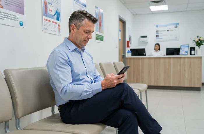 Homme consultant un forum santé sur son téléphone dans une salle d'attente de kinésithérapie